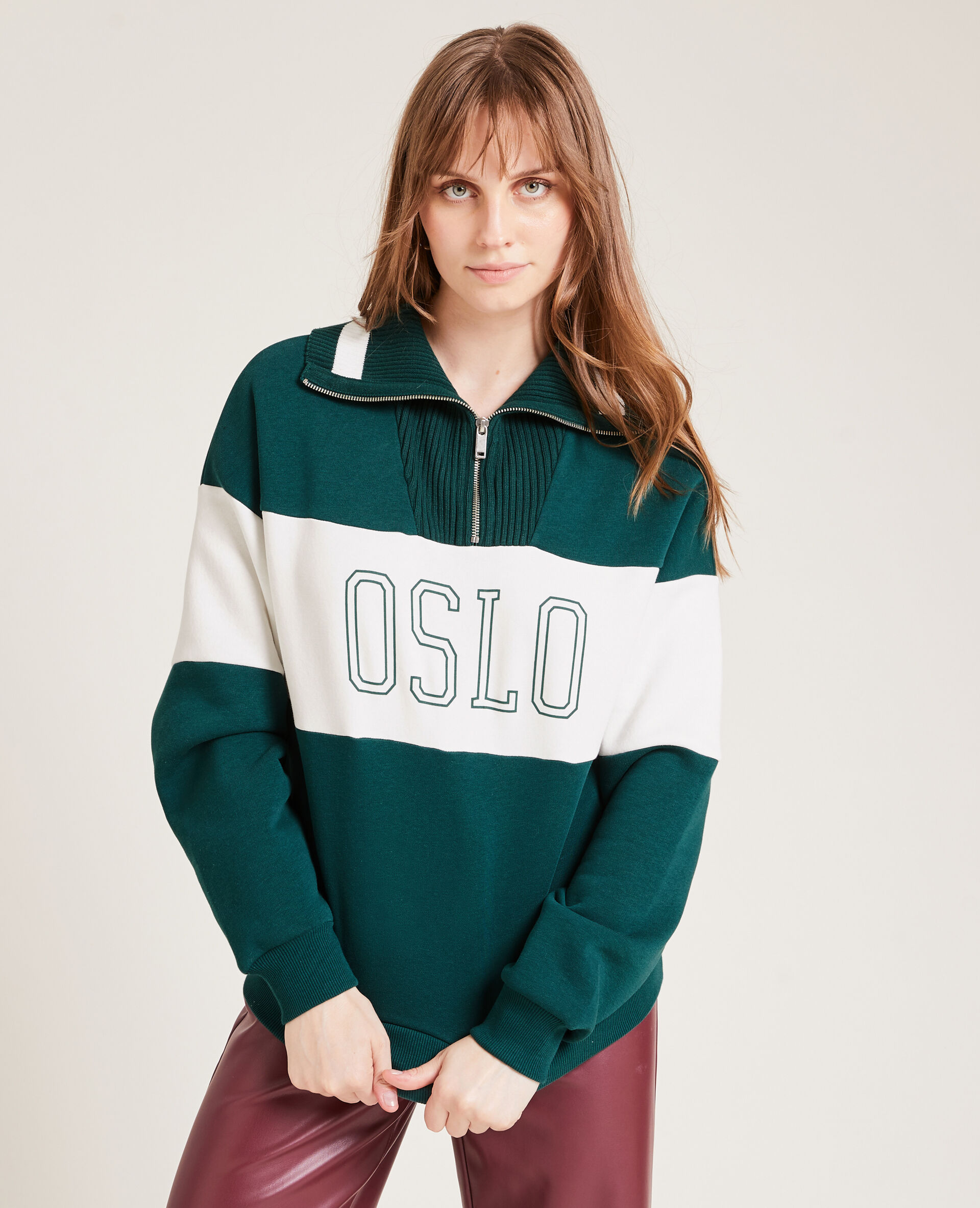 Sweat bi-matière col zippé - Vert