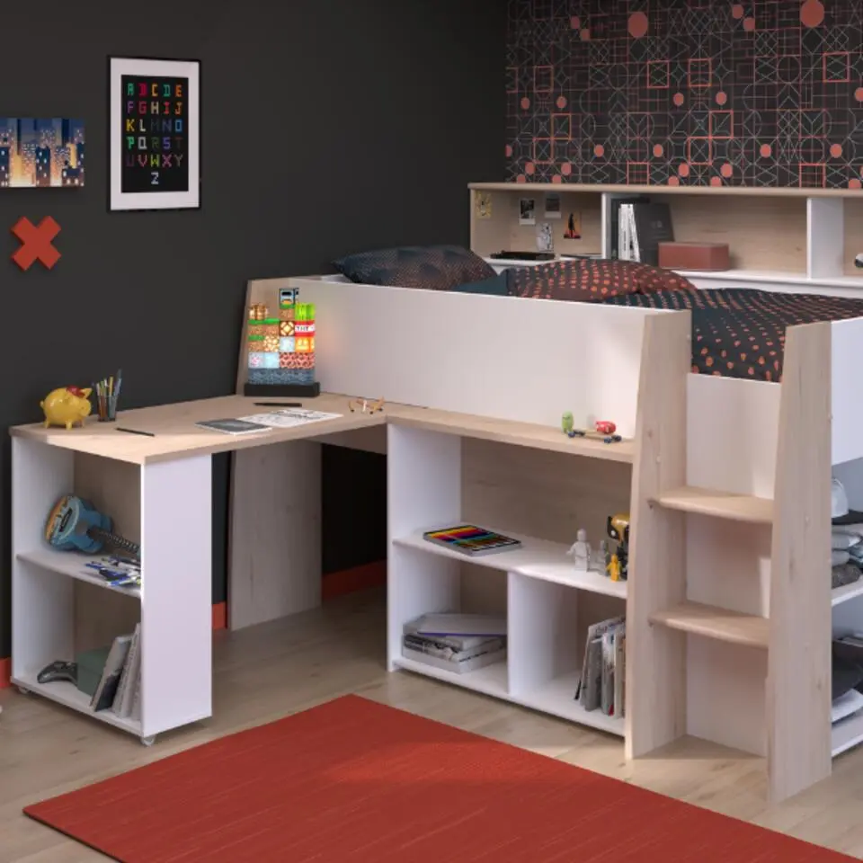 Halfhoogslaper Duffy 90x200cm met bureau - wit / eikdecor