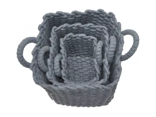 Set 3 paniers carrés en corde de coton tressée gris avec anses - LOV