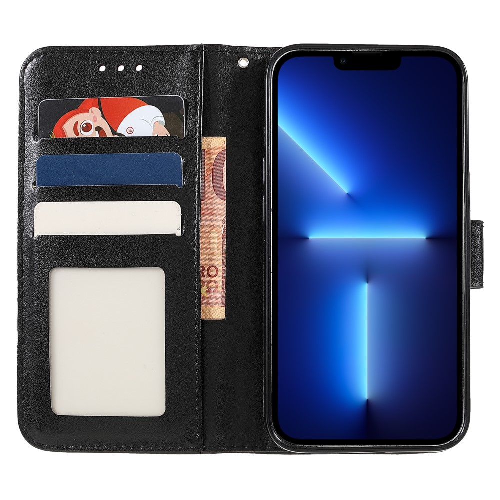 iPhone 13 Pro Leder Tasche Wallet - Mandala Flowers Imprint - Schwarz