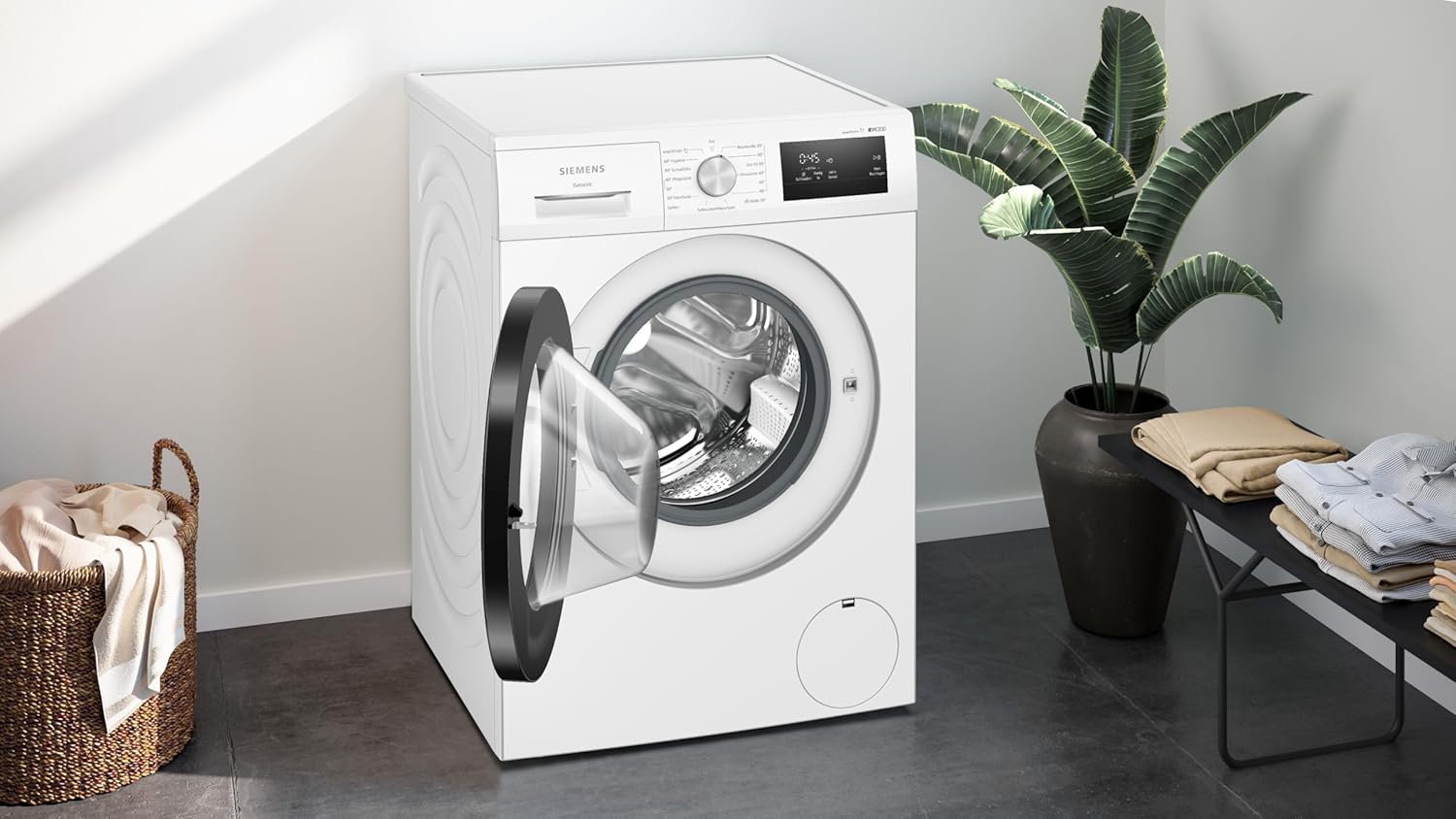 Siemens WM14N001 Waschmaschine iQ300, Frontlader mit 8kg Fassungsvermögen, 1400 UpM, speedPack L, smartFinish, LED-Display, iQdrive, Weiß, 60cm