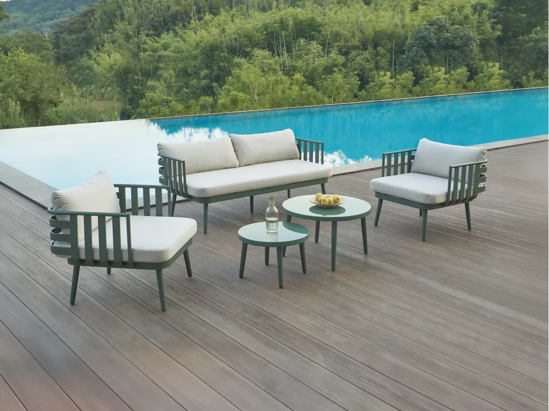 Salon de jardin en aluminium : canapé 2 places, 2 fauteuils et 2 tables basses - Vert sapin - KUTO de MYLIA