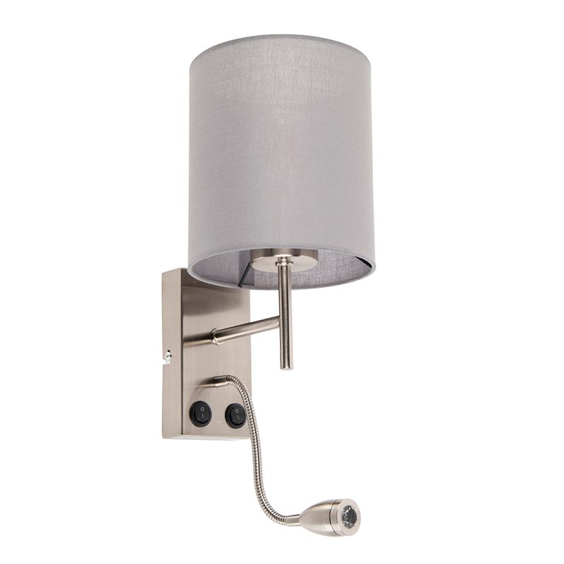 Moderne wandlamp staal met katoenen grijze kap - Stacca