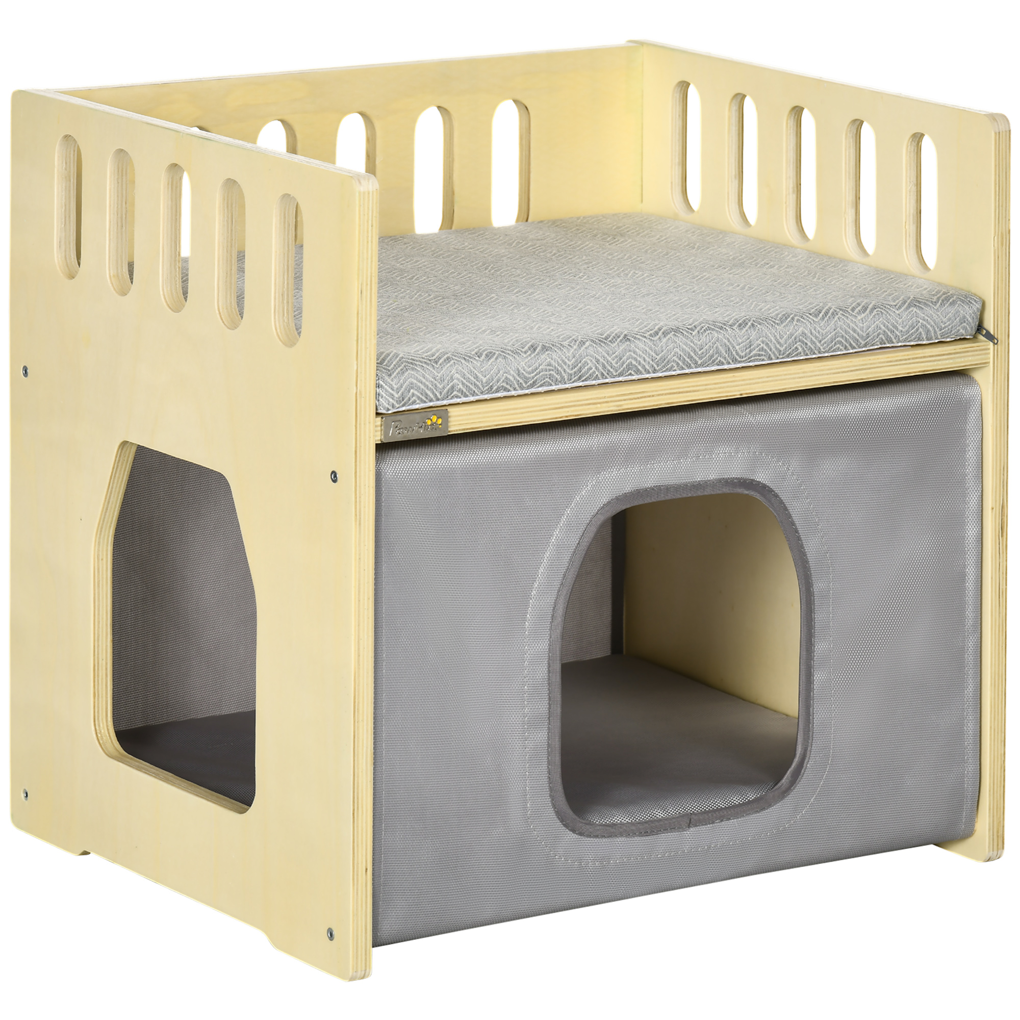 Cama de madeira para gatos PawHut, toca para gatos, casinha para gatos de interior com 2 almofadas e capa removível em tecido Oxford, 48x38x47 cm, cor natural.