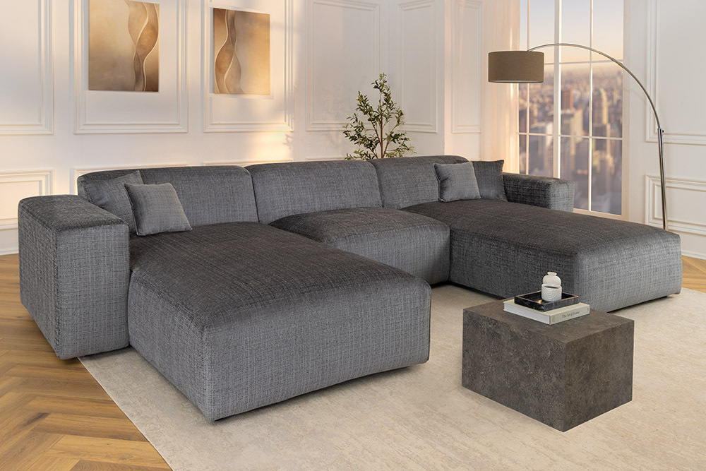 Moderne XXL Wohnlandschaft SIGNATUR 370cm grau Chenille Cremona U-Form Sofa inkl. Kissen