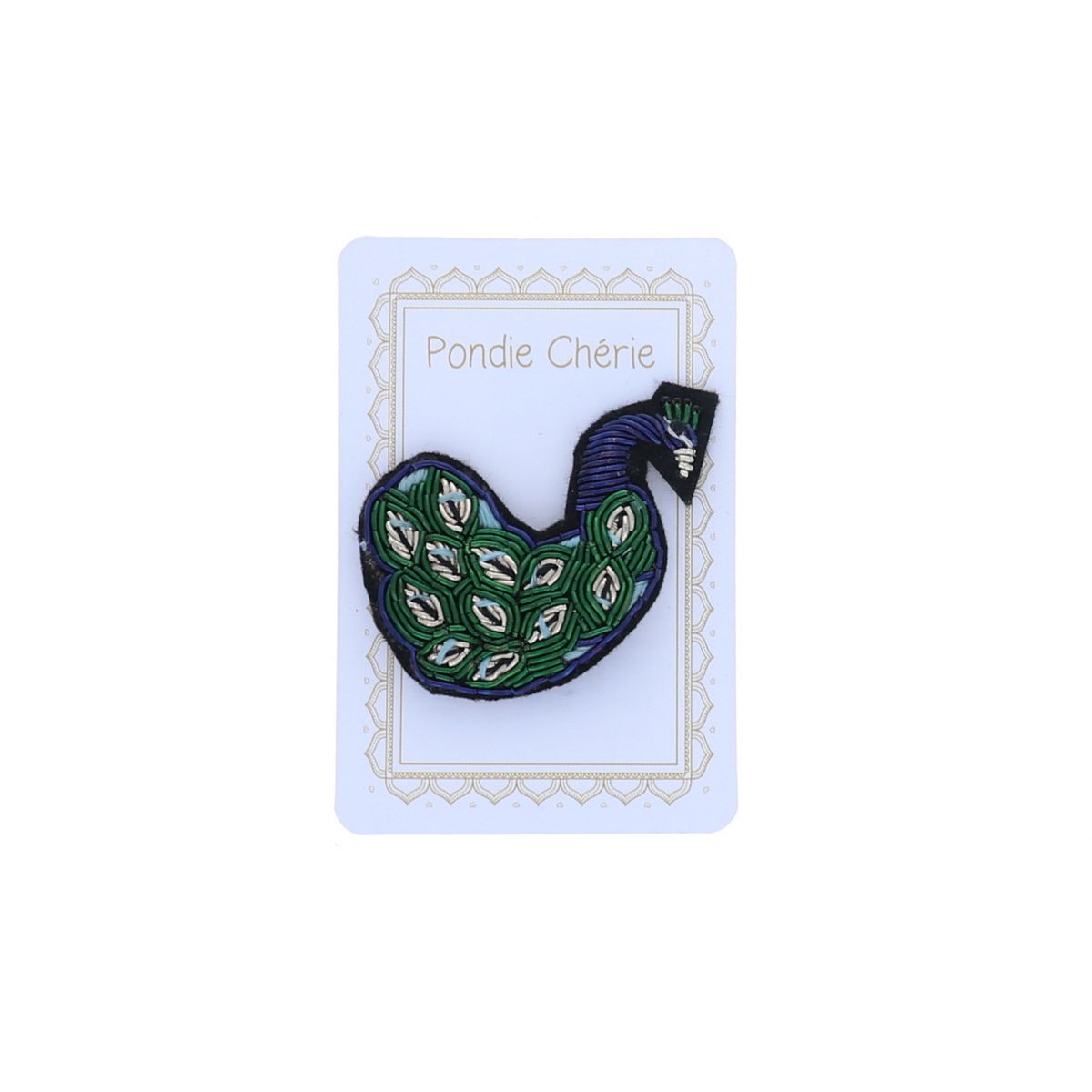 Broche brodée paon vert Pondie Chérie