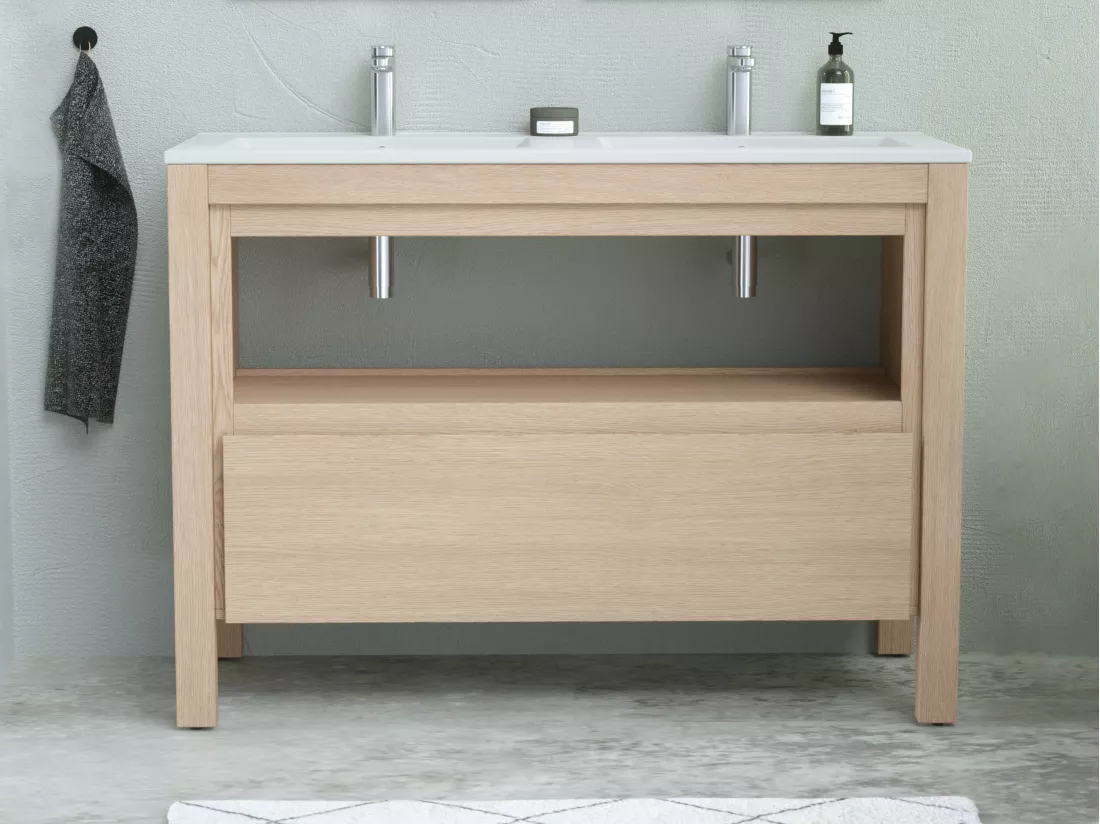 Meuble sous vasque avec niche de rangement - Placage chêne - 120 cm - COSMOTI