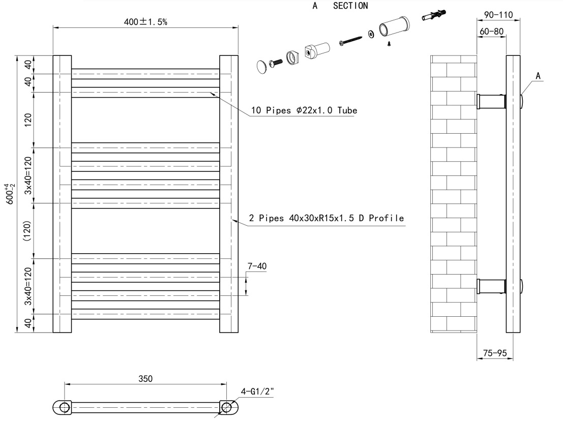 Eastbrook Wendover handdoekradiator 40x60cm 190W messing geborsteld