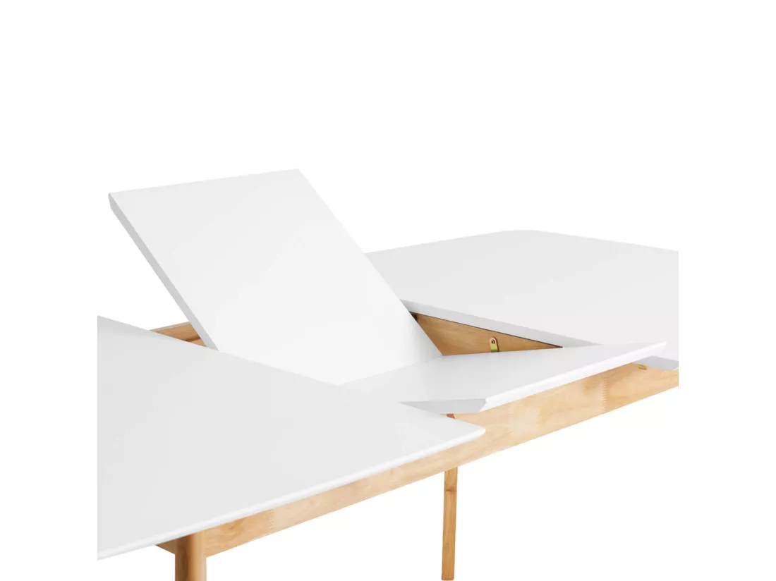 Table rectangulaire extensible scandinave blanc brillant et pieds bois clair Askin 140 à 180cm