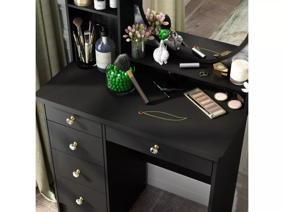 Coiffeuse avec Miroir et 5 Tiroirs Tabouret 135x80x40cm Noir