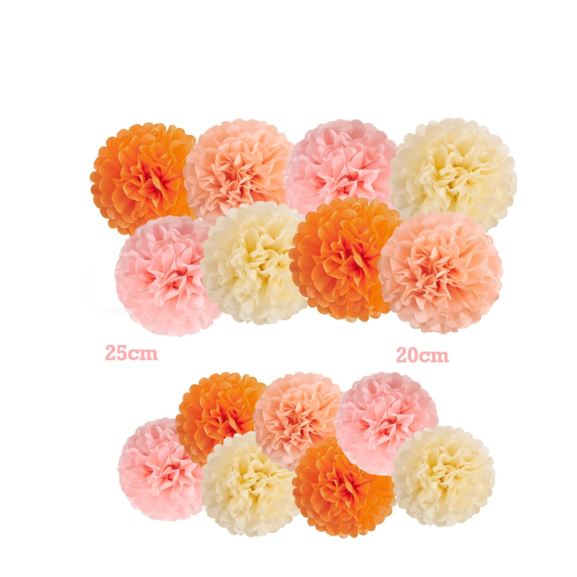 (15er Set) Papier Pompon's Deko Party / Geburtstag / Hochzeit - Rosa / Orange / Creme