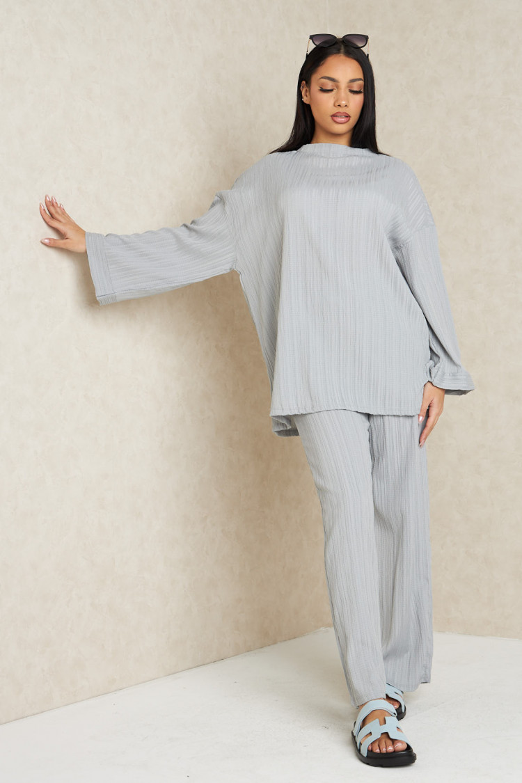 Ensemble 2 pièces pull fin + pantalon à rayures gris clair