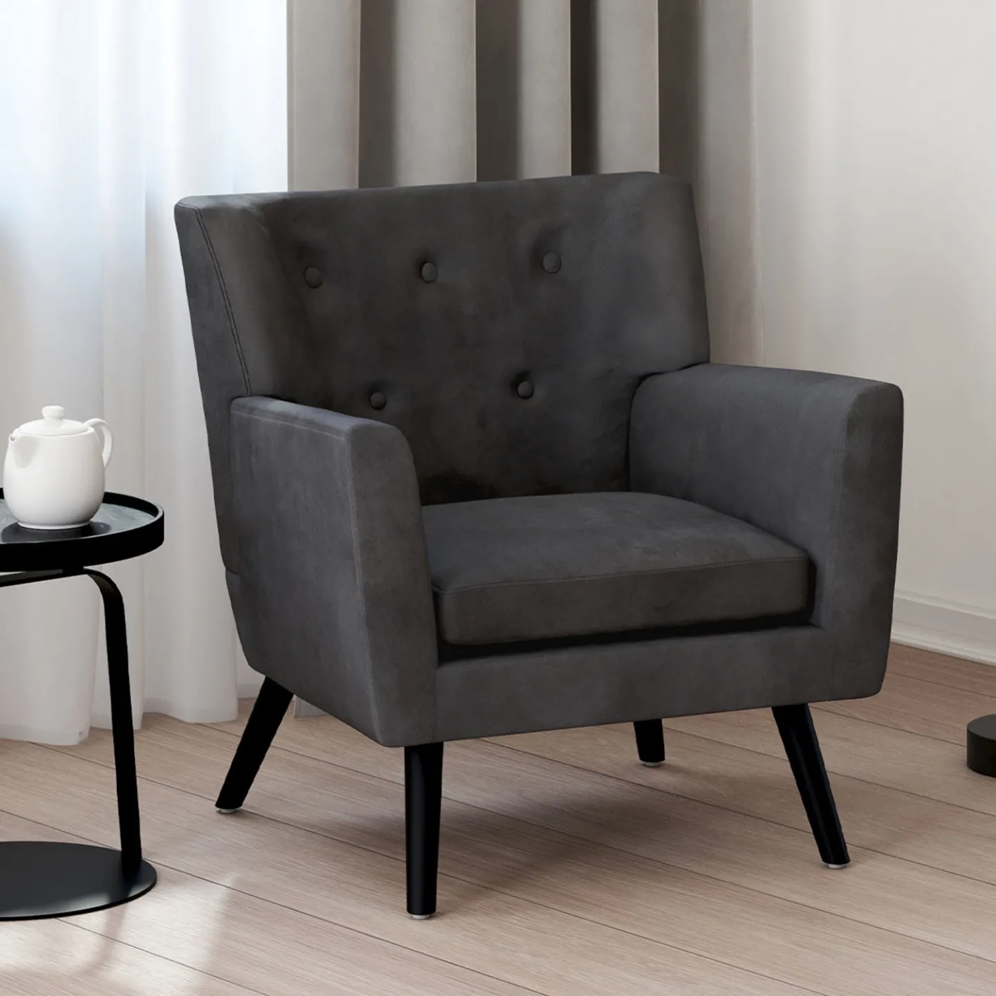 Fauteuil scandinave ANITA en velours gris anthracite