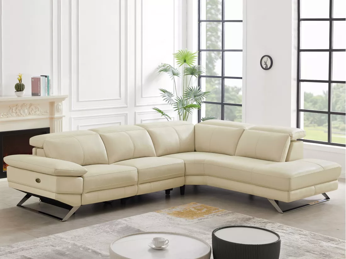 Canapé d'angle droit relax électrique en cuir de vachette beige PUNO II