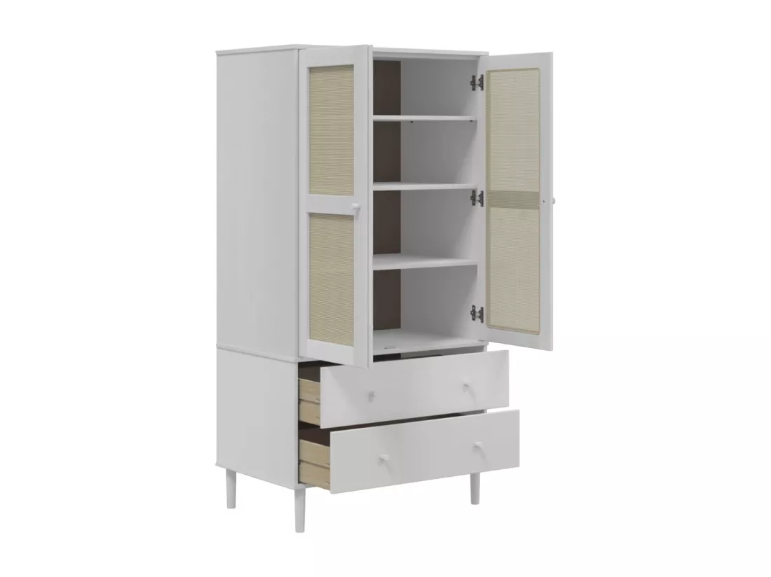 Garde-robe SENJA aspect rotin blanc 90x55x175cm bois massif pin