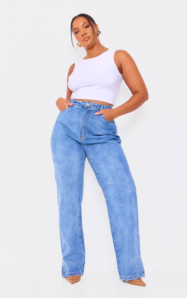Mid Blue Wash Jean Grande Taille À Ourlet Fendu