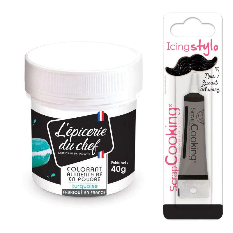 Colorant alimentaire en poudre turquoise 40 g + Stylo glaçage noir Scr