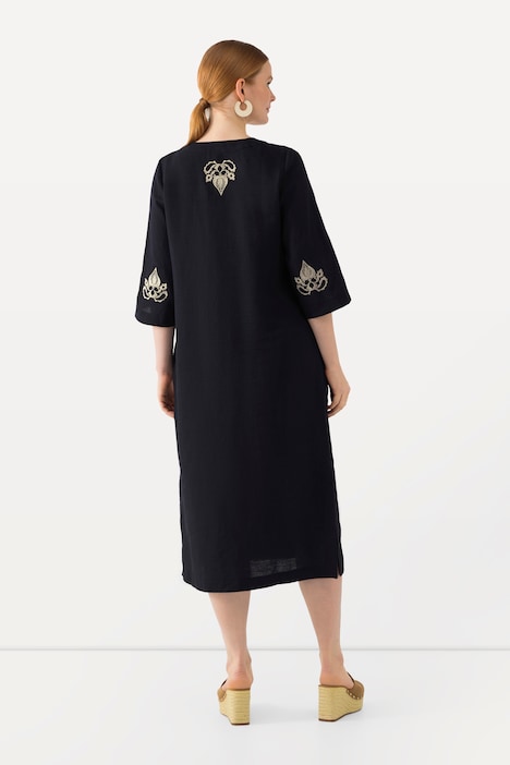 Leinen-Maxikleid, Stickerei, Tunika-Ausschnitt, 3/4-Arm