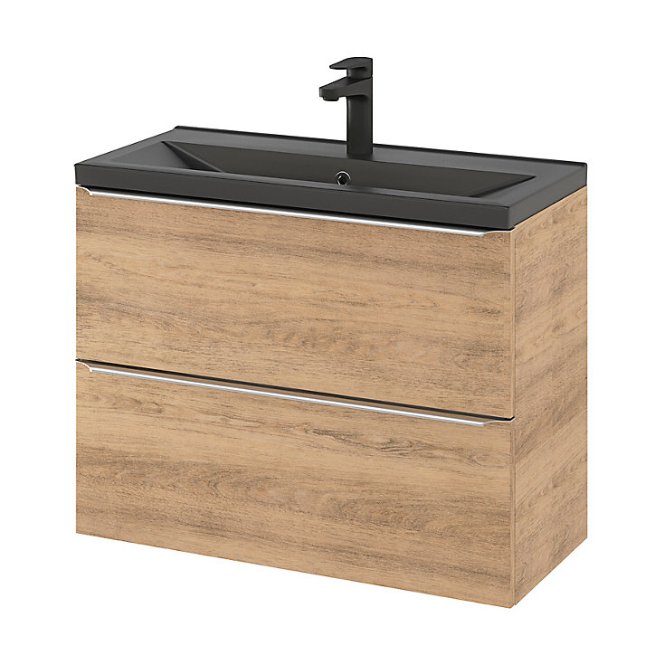 Ensemble salle de bains l.80 cm meuble à suspendre faible profondeur Imandra décor chêne + plan vasque céramique noir