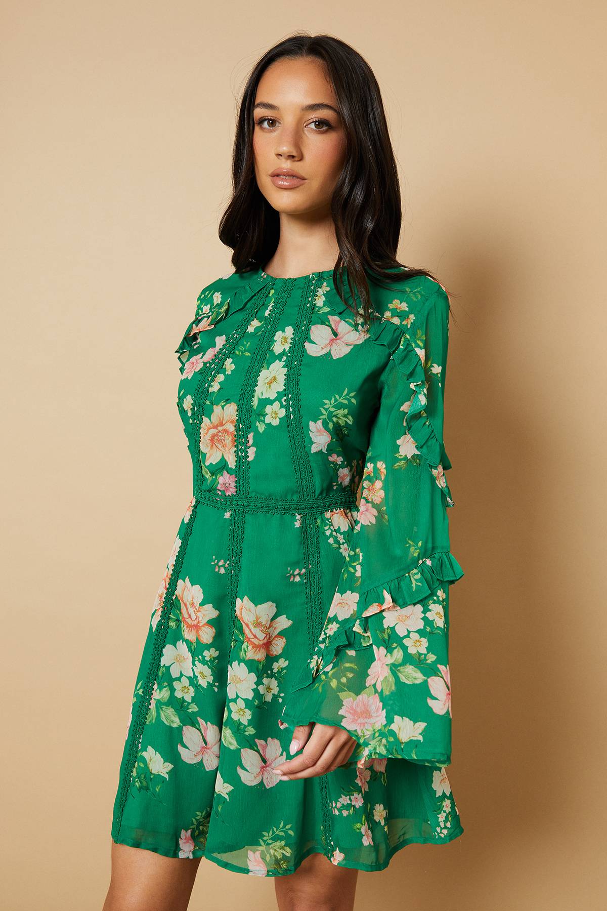 Oasis Robe Mini en Mousseline Florale avec Finitions en Dentelle