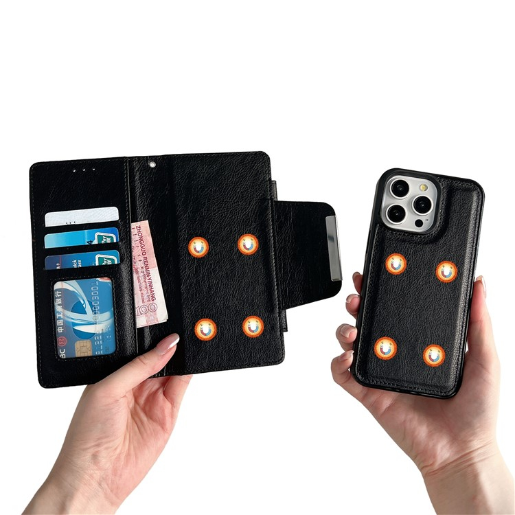 iPhone 16 Pro 2in1 Leder Tasche mit 7 Kartenfächern   Münzfach   Magnetische Schutzhülle - Schwarz