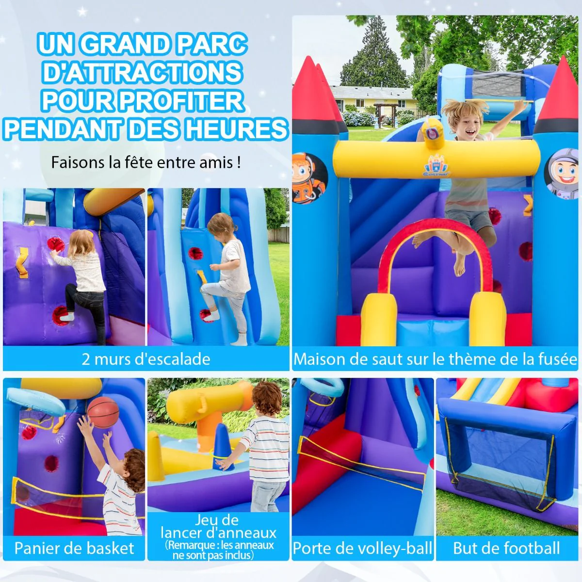 Château Gonflable à Toboggans Aquatiques Thème de La Fusée pour Enfants Piscine Zone de Saut Pistolet à Eau Escalade Souffleur de 850 W Multicolore