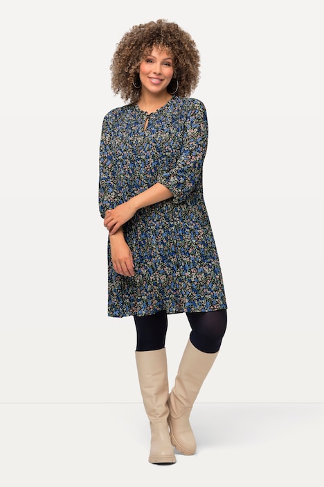 Plissee-Minikleid, Blüten, Rüschen, Stehkragen, 3/4-Arm