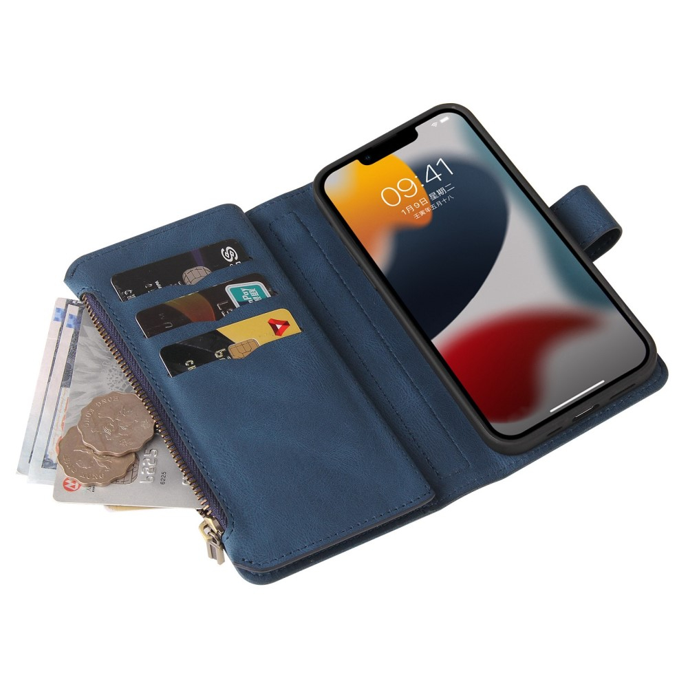 iPhone 14 Leder Wallet Etui Tasche mit 13 Kartenfächern   Münzfach - Blau