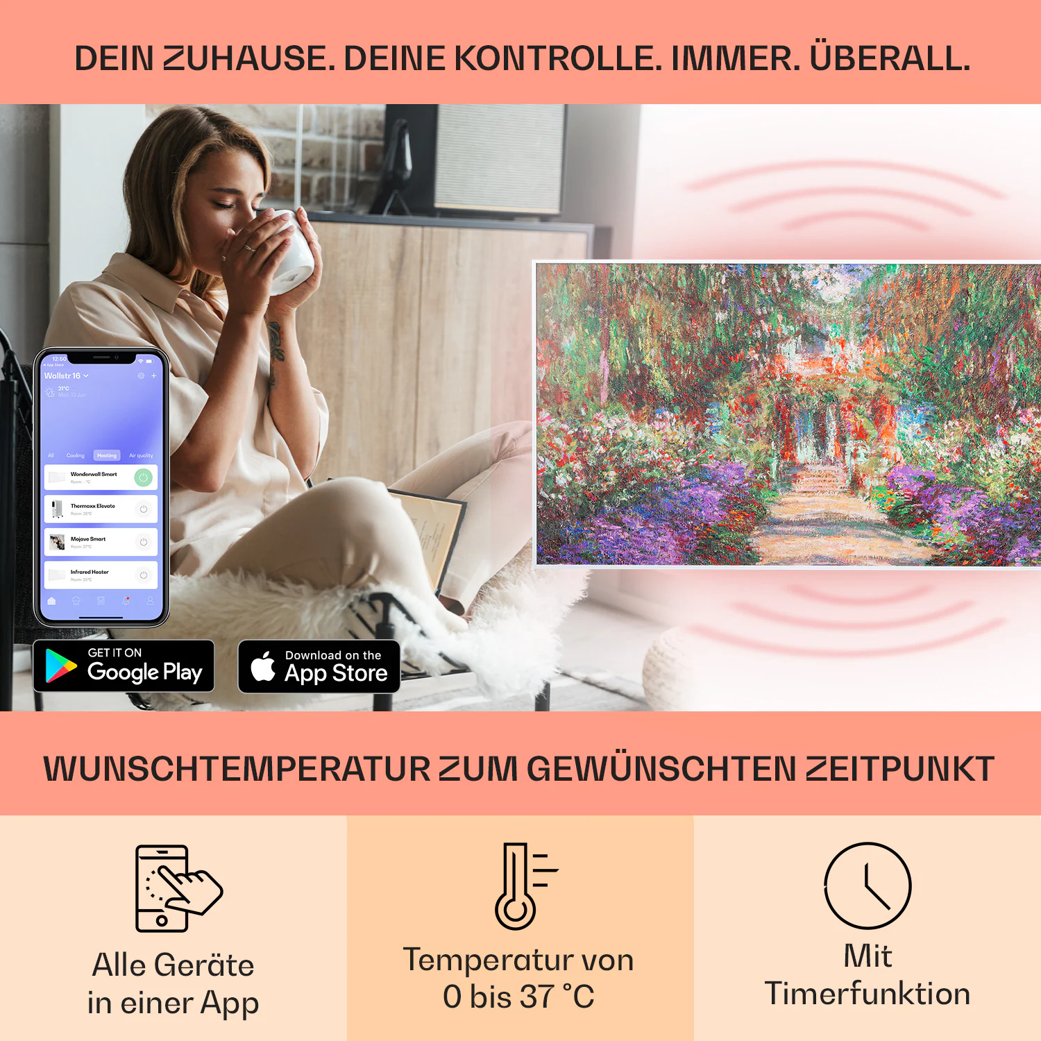 Wonderwall Air Art Smart Infrarotheizung 120x60cm 700W WandinstallationApp-Steuerung Gartenweg