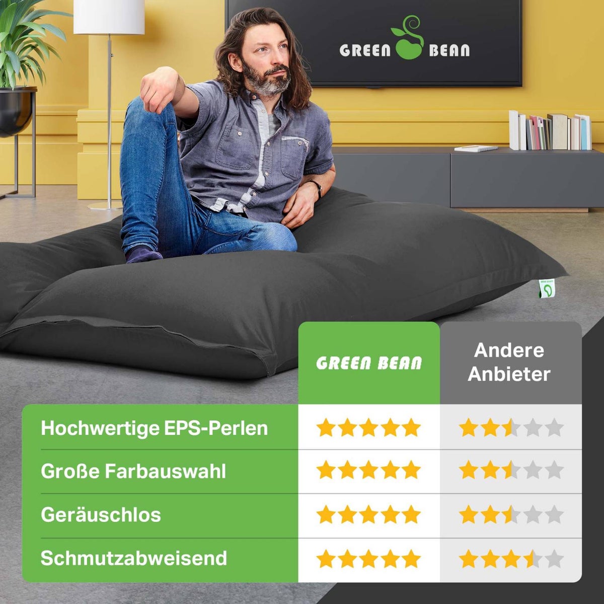 Green Bean Indoor Zitzak XXL 140x180cm 380 Liter Kinderen & Volwassenen Zitzak EPS Kralenvulling Reuze Zitzak Groot Ligbedkussen Zitkussen - Donkergrijs