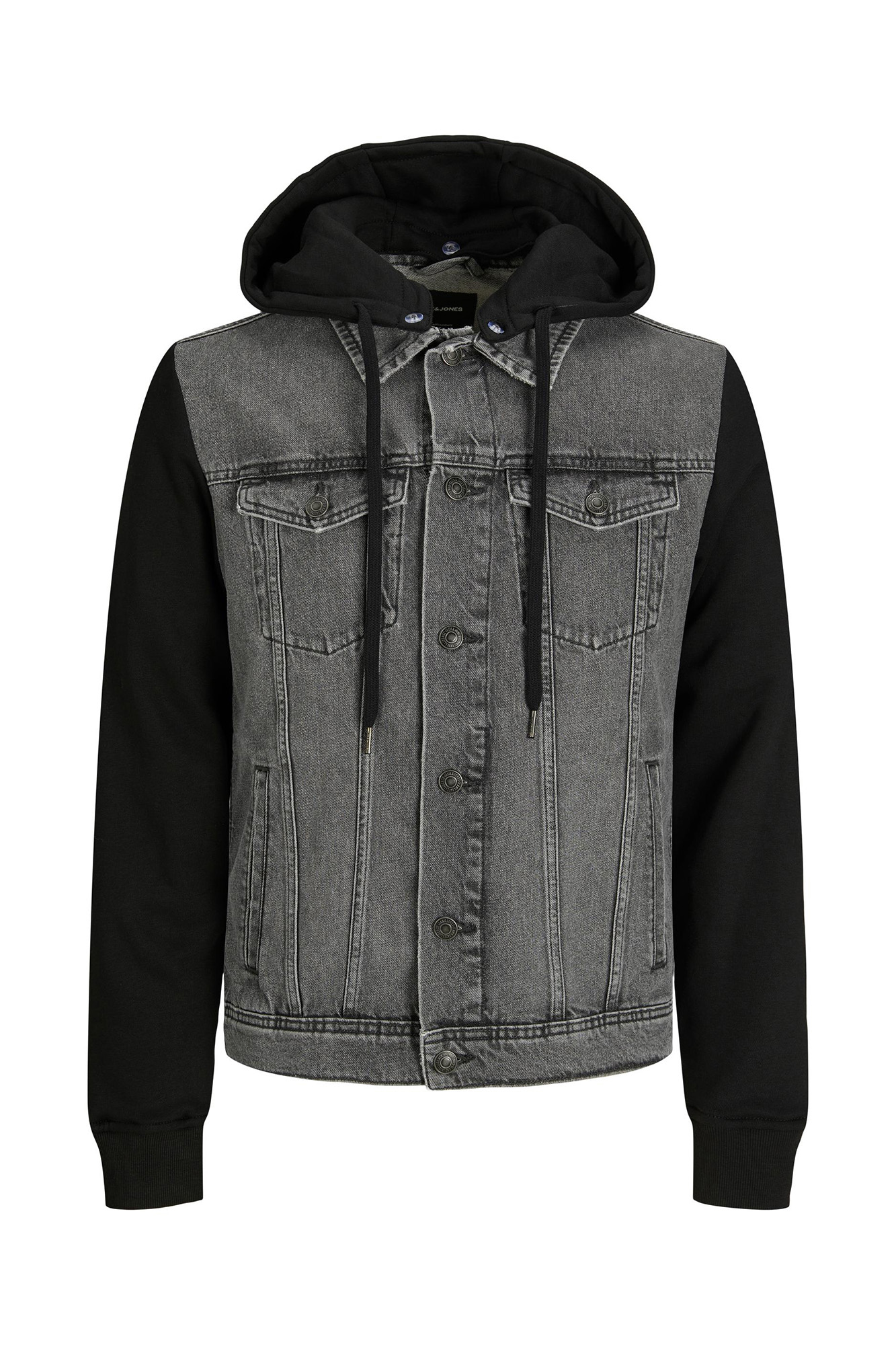 Jaqueta híbrida de jeans com capuz.