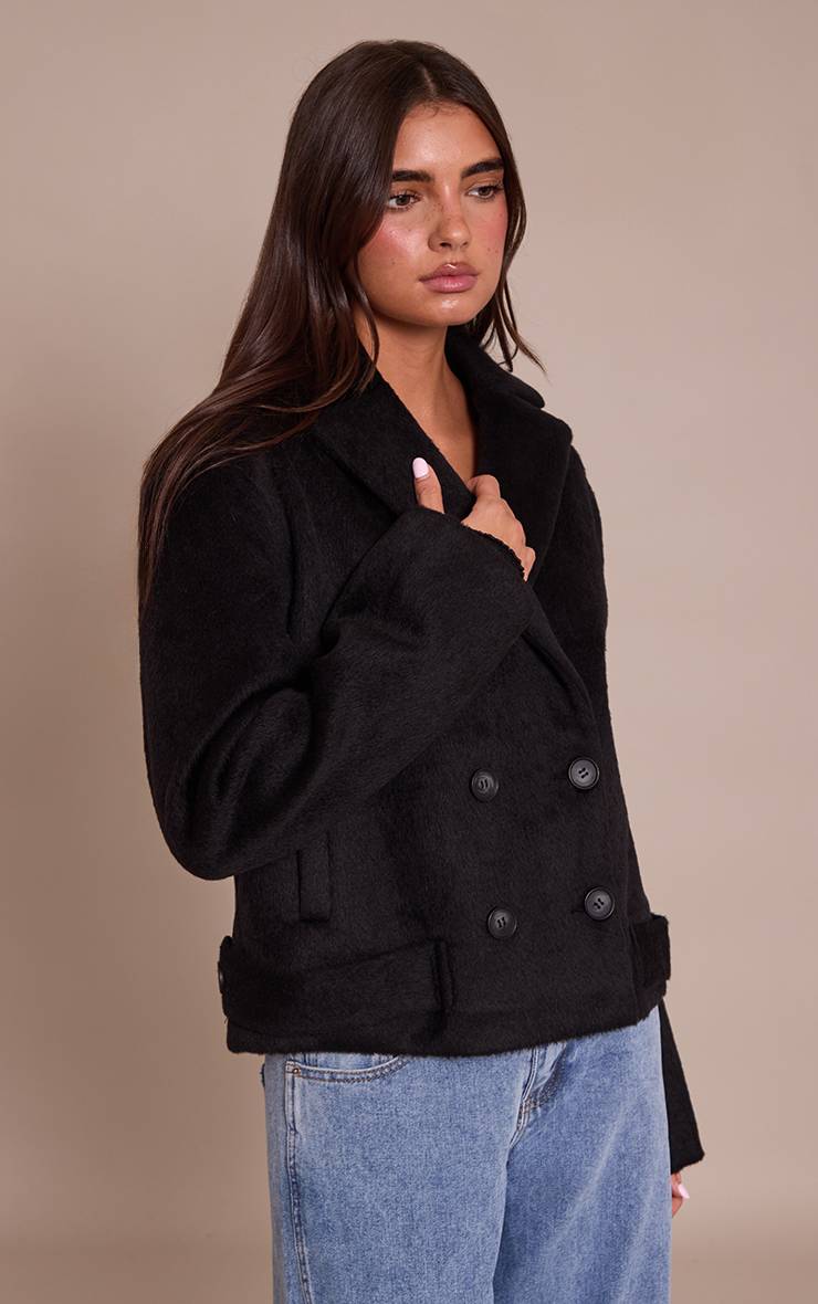 Noir Manteau Trench Court En Laine Brossée