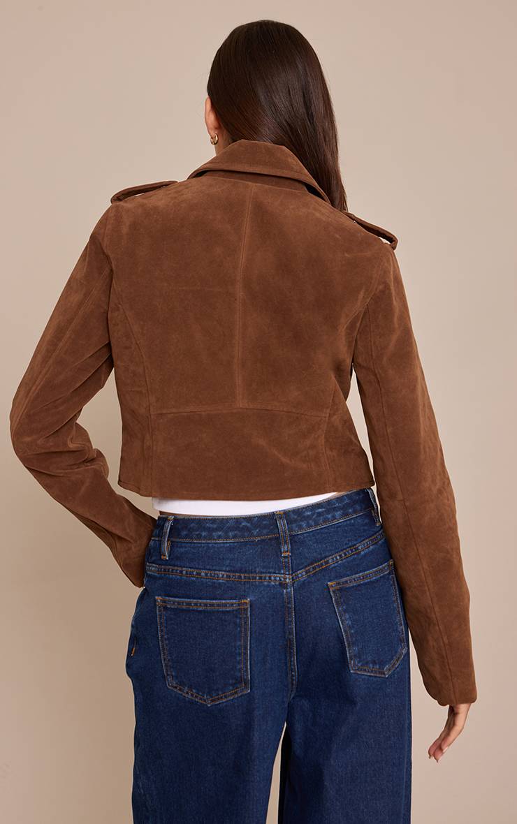 Marron Veste De Motard En Faux Suède Avec Détails De Poches