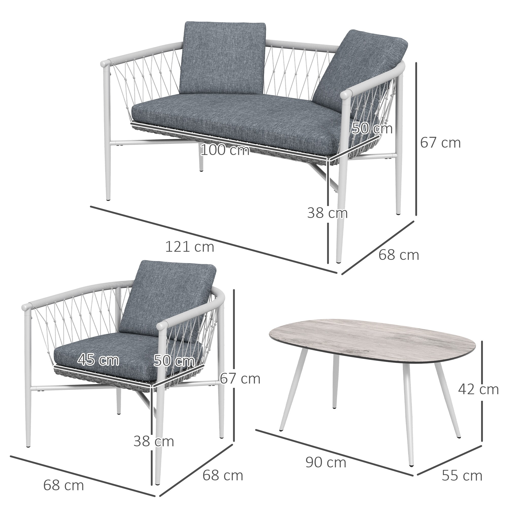 Outsunny Flecht Gartenmöbel-Set mit Polsterkissen grau 121L x 68B x 67H cm
