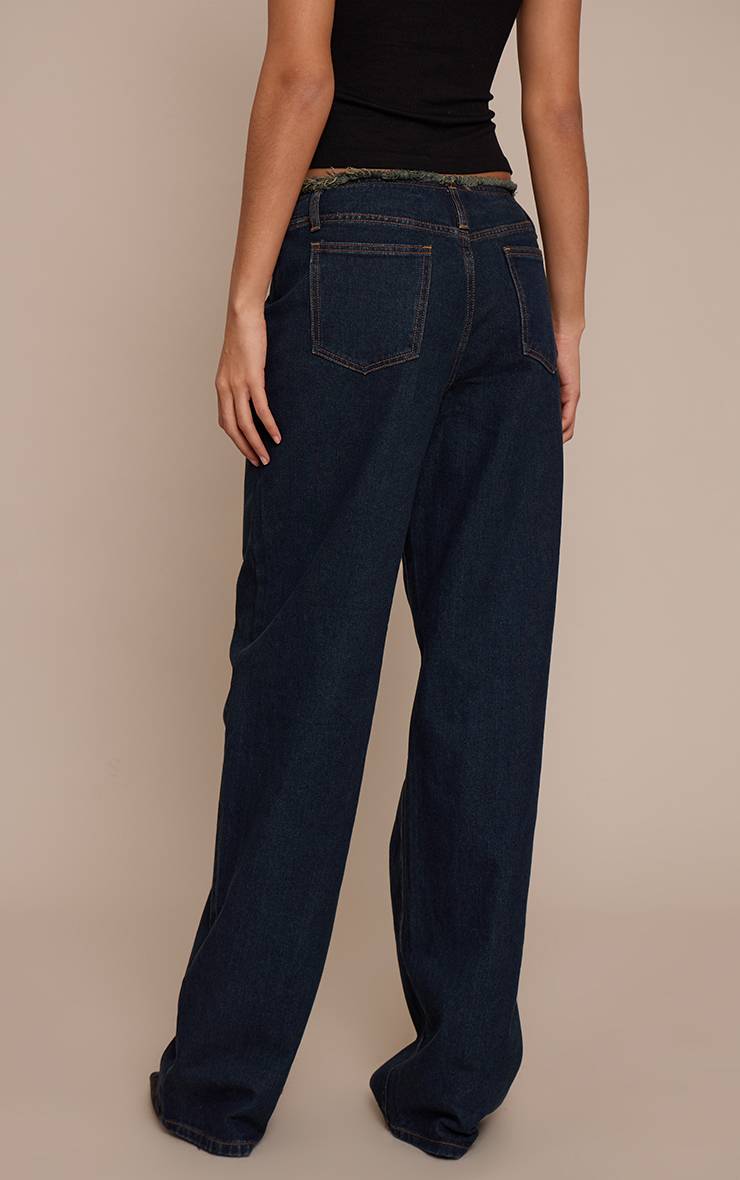 Bleu Indigo Jean Taille Haute Droit Taille Bord Effiloché Coupe Basse