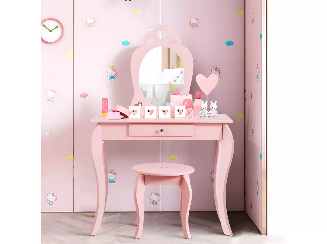 Coiffeuse pour Enfant avec Miroir, Inclus de Table de Maquillage et deTabouret, Dessus Amovible, Contemporain, 70 x 34 x 105 cm (Rose)