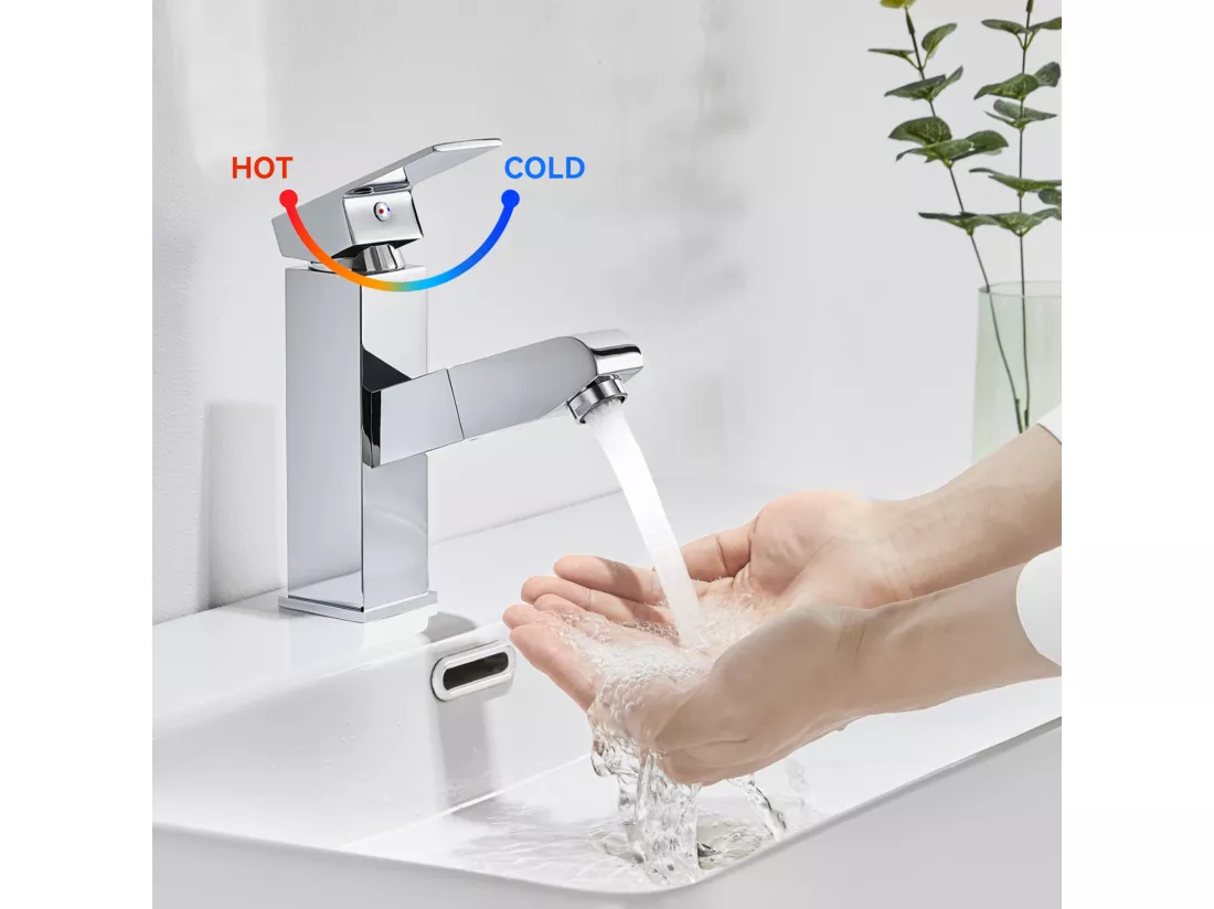Robinet Lavabo avec Douchette Extractible Robinet Salle Bain Laiton Chromé Mitigeur Lavabo Eau Froide/Chaude Robinetterie pour Salle Bain,EU Modèle