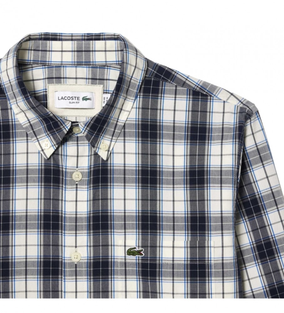 Camisa Lacoste com elástico e estampa xadrez azul.