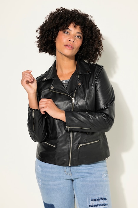 Leder-Bikerjacke, Kragen mit Druckknöpfen, Metallzipper