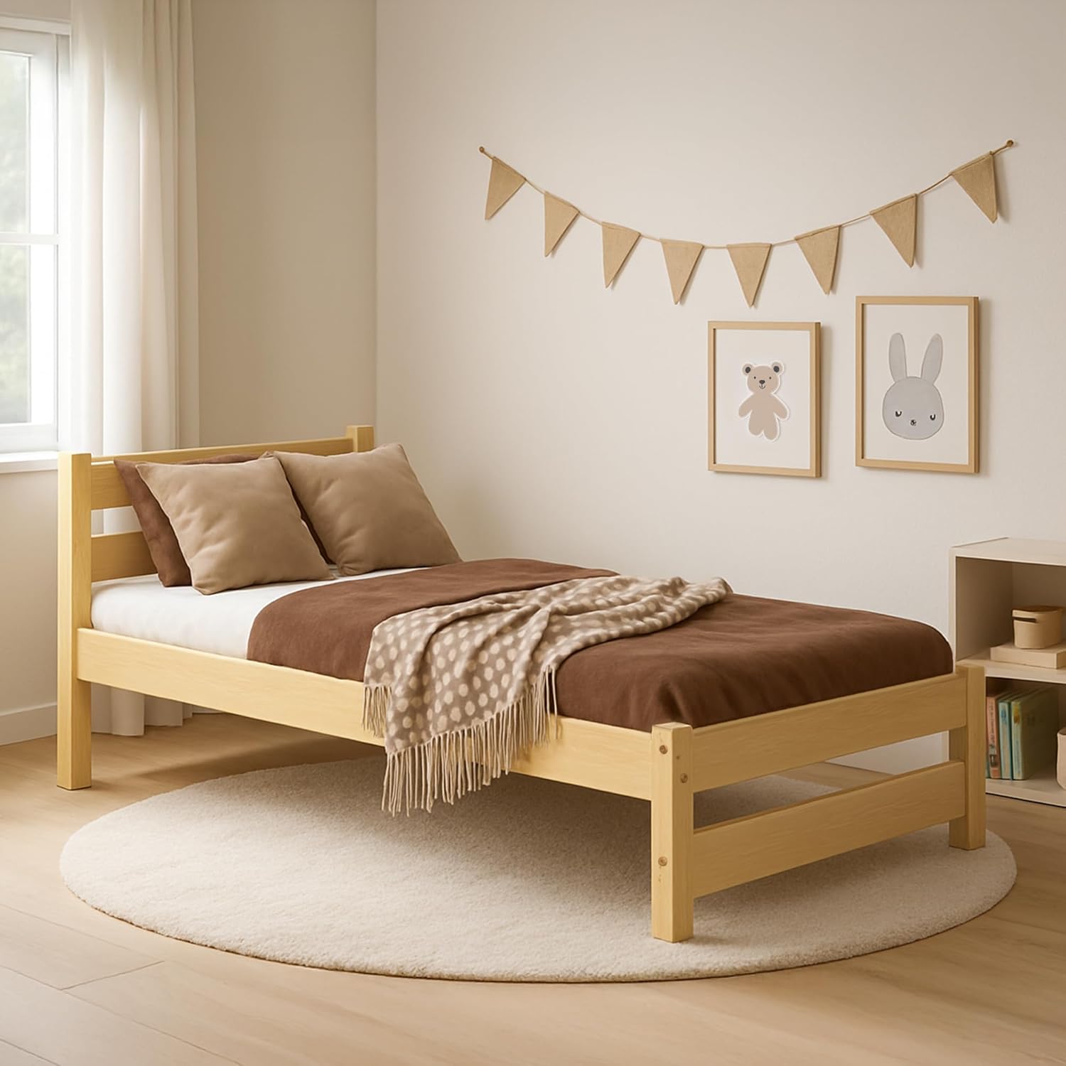 Kinderbett 80x160 cm mit Lattenrost - Einzelbett aus Kiefer Massivholz - Kinder Bett Montessori – Jugendbett Unlackiert – Tagesbett ohne Matratze