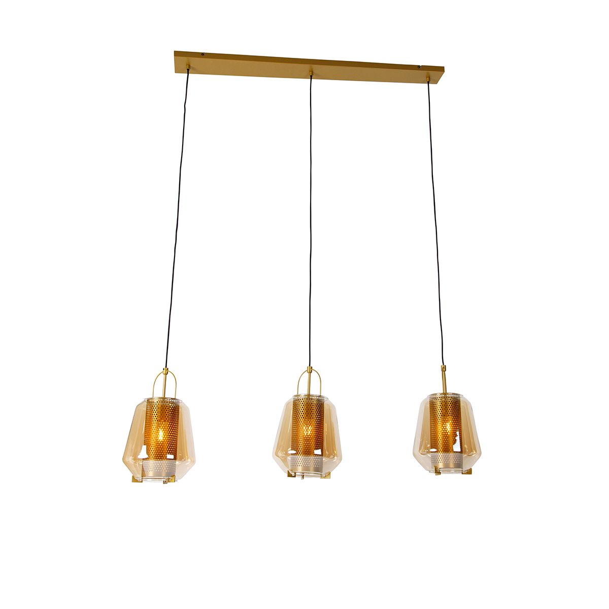Hanglamp goud met amber glas 23 cm langwerpig 3-lichts - Kevin