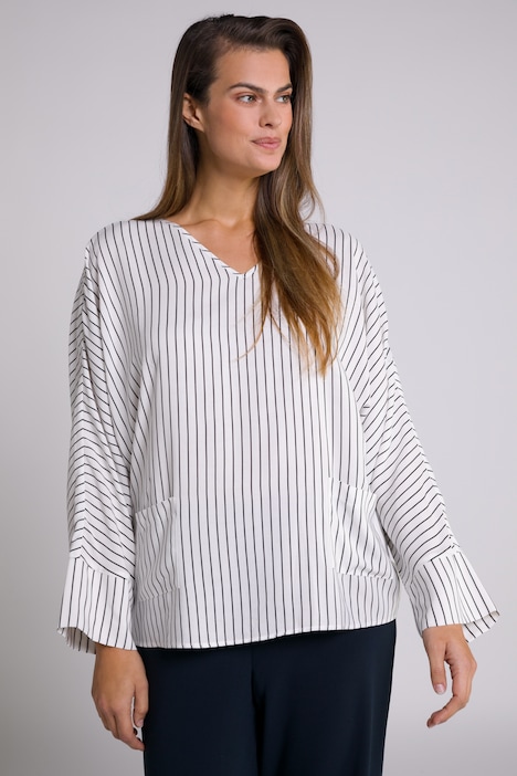 Bluse, Streifen, V-Ausschnitt, Fledermaus-Halbarm