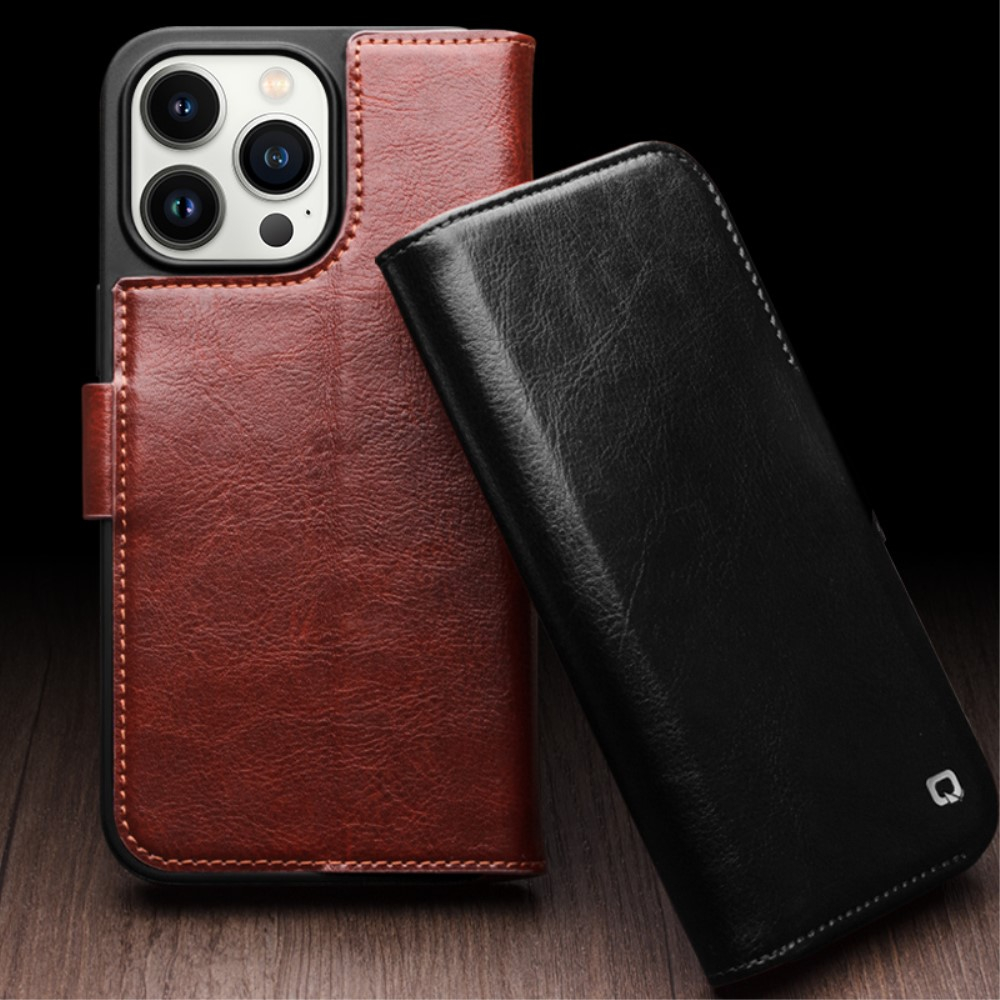 iPhone 15 Echtleder Tasche Flip Wallet Cover mit Kartenfächer - Braun