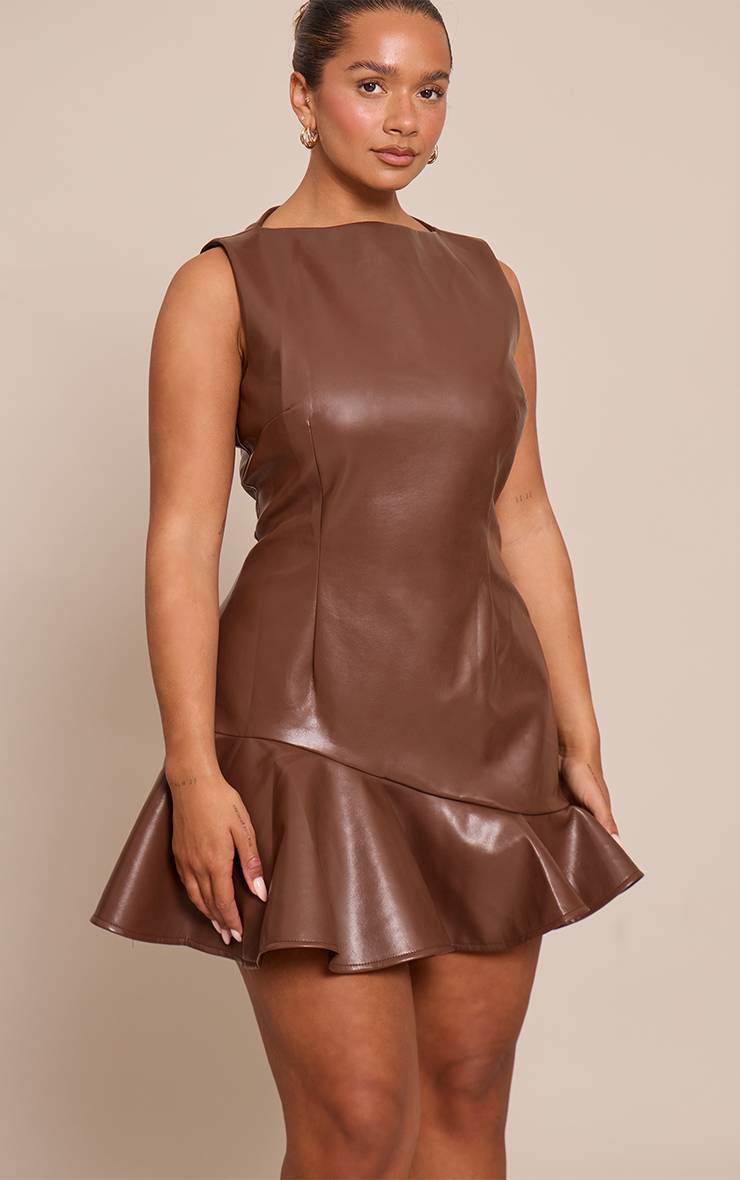Chocolat Robe Moulante Mini En Synthétique Avec Détail Volant