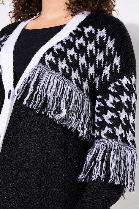 Strickjacke, oversized, Hahnentritt, Fransen, Langarm