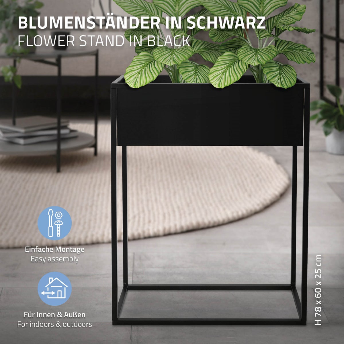 ML-Design 2-delige set zwarte metalen bloemenstandaards, 60x25x78 cm, staande, rechthoekige plantenbak voor binnen, design plantenstandaard, bloembak, plantenbak, verhoogde bak, balkonbak