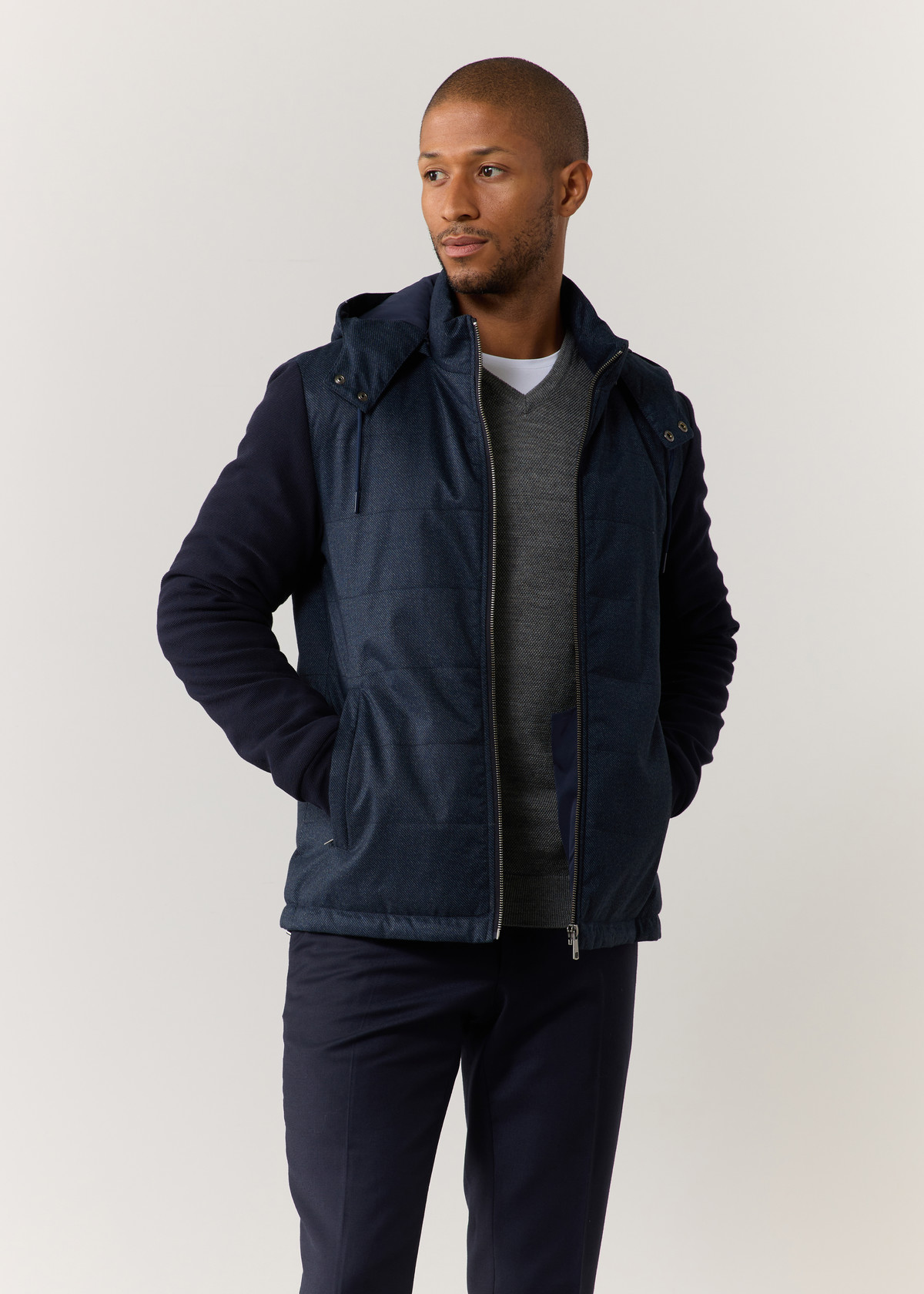 Doudoune light manches longues unie bleu jeans à capuche amovible
