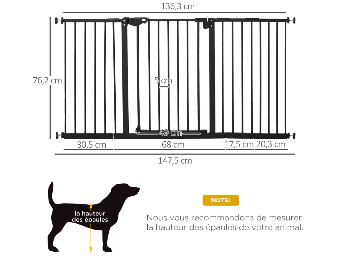 Barrière de sécurité longueur réglable porte double verrouillage sans perçage acier plastique noir