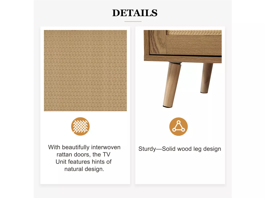 Meuble TV en rotin tressé pieds en bois massif 200*37*49cm TORQEOLS