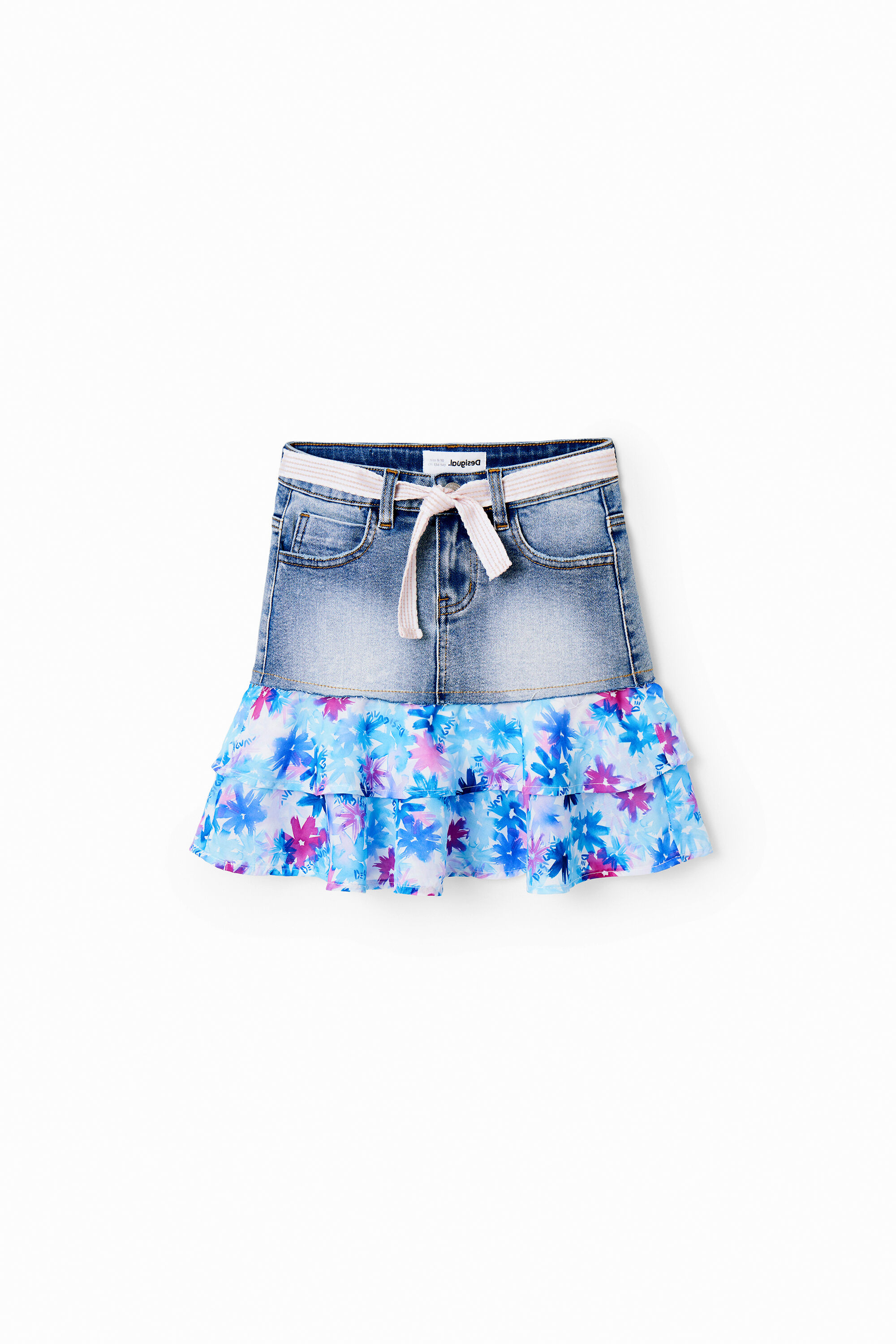 Mini-jupe en jean volants fleurs